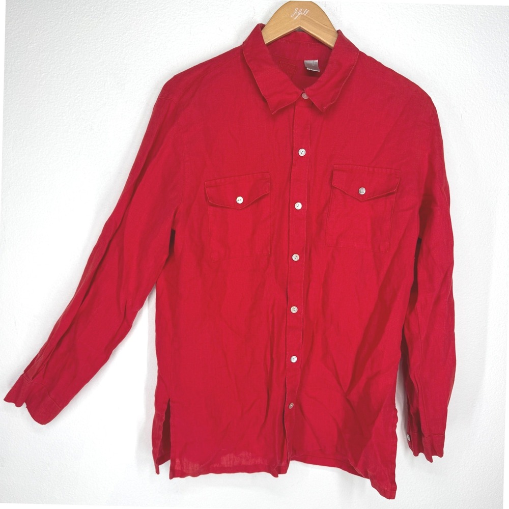 Lino by Chicos Red 100% Linen Button Down Shirt Long Sleeve Size 1 Small Coastal